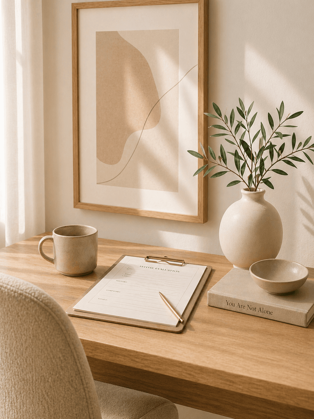 Calm home workspace with a clipboard, ceramic mug, and a book reading "You Are Not Alone"