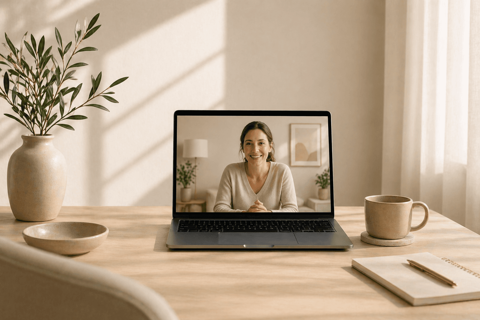 Laptop on a calm home desk showing a smiling provider on a telehealth psychiatric evaluation video call