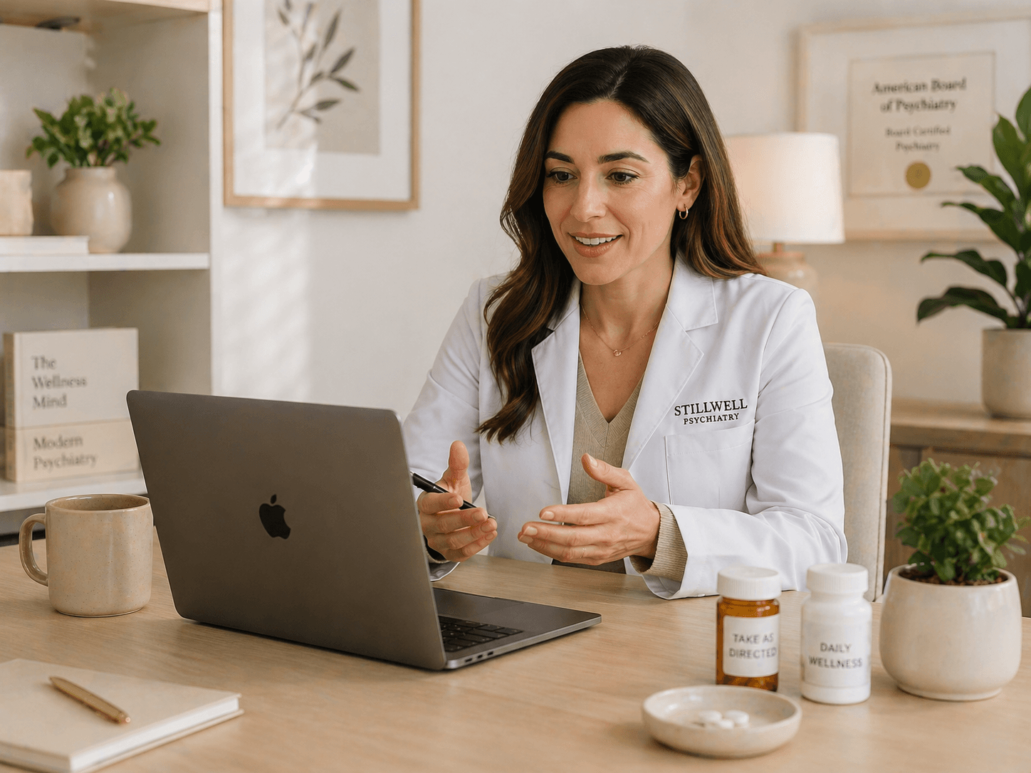 Psychiatric provider reviewing a patient's medication plan over telehealth